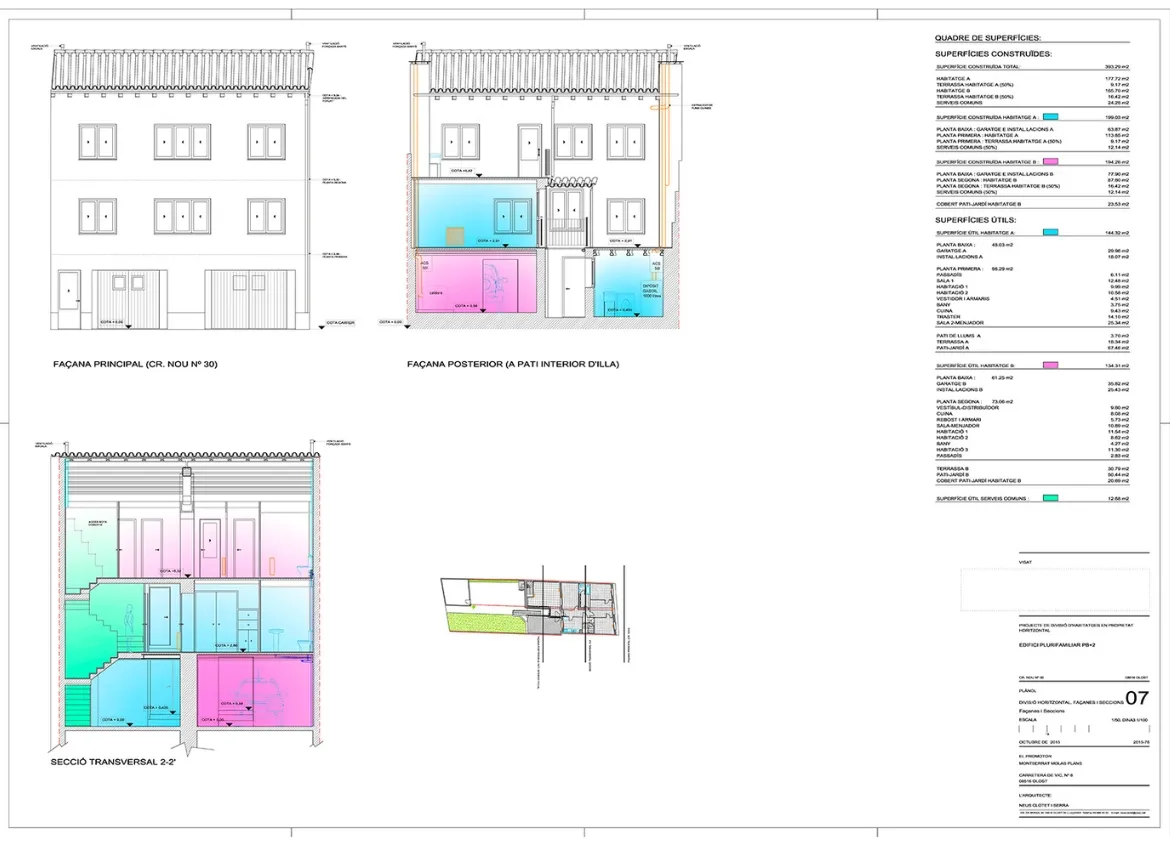 Projecte executiu de divisió horitzontal d’un edifici entre mitgeres de planta baixa + 2 pisos a Olost. Neus Clotet, arquitectura i paisatge